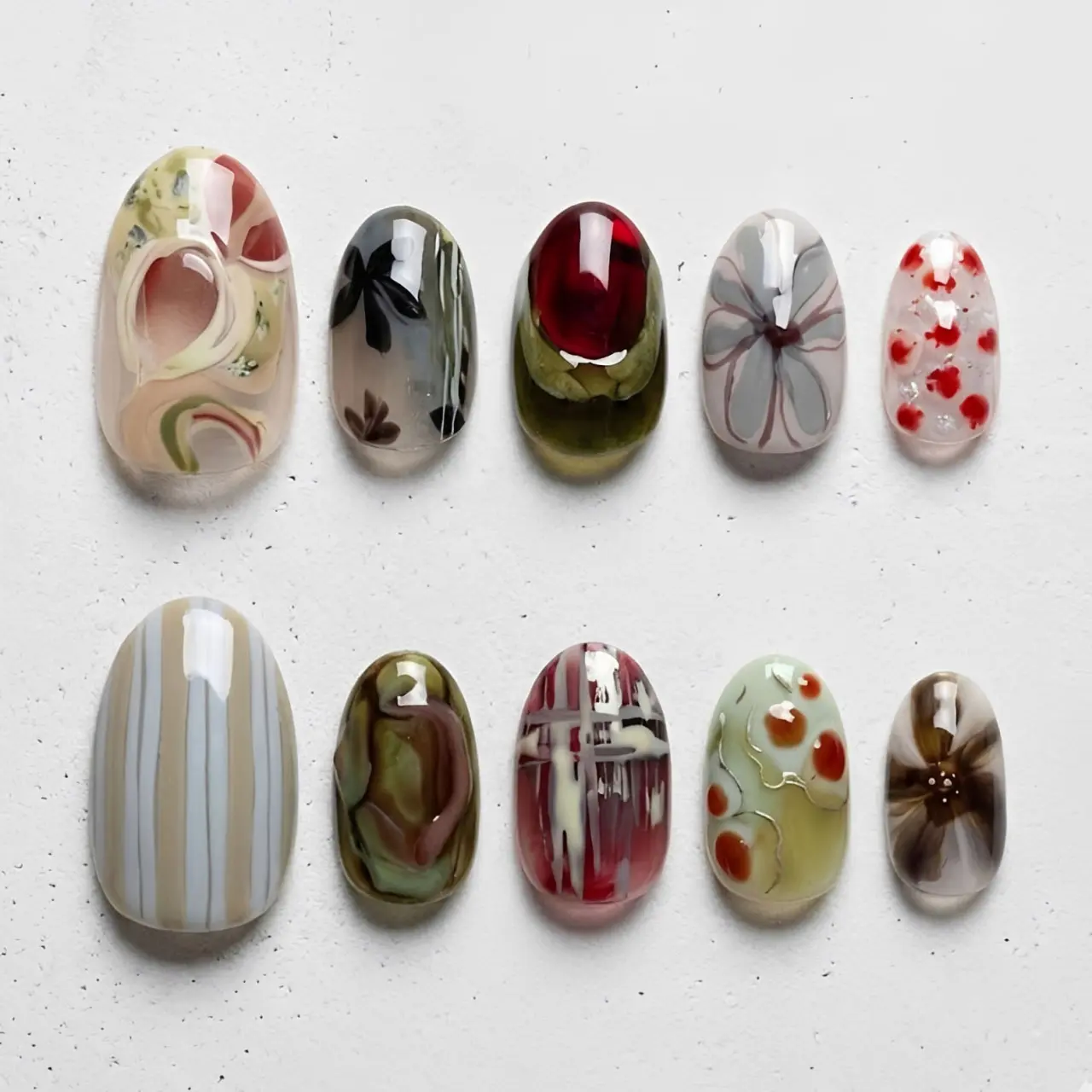 Abstract Art Hand-Painted Press On Nails | Dark Mori Style Floral & Marble Fake Nails | 3D Water Droplet Red Jewel Custom Nails