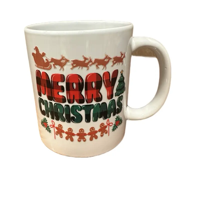 Merry Christmas Coffee Cup with Santa Sleigh and Gingerbread Design Perfect for Holiday Gifts