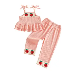 Toddler Girls' 2-Piece Strawberry Print Crocheted Casual Wear Outfit Set - Ruffled Top, Elastane-Blended Elastic Waist Polyester Long Pants