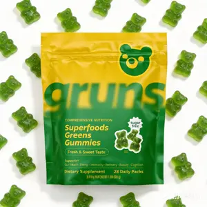 Green gummy bear Grüns Superfood Greens Gummies (Sugar-Free): 21+ Vitamins and Minerals, Prebiotics for Digestive Health, Adaptogens. Nutritional Edible Dietary Supplement to Support Fitness