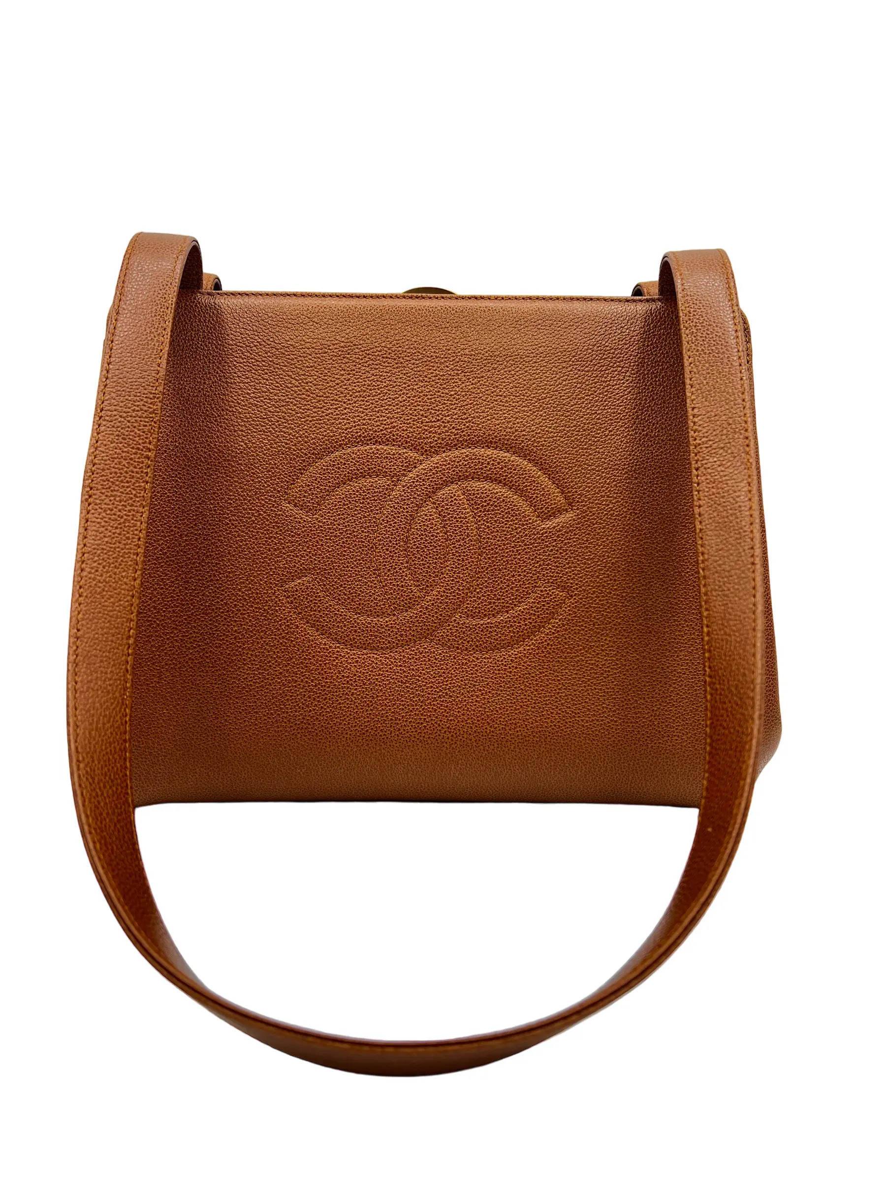 Pre-owned CHANEL Caviar Shoulder Bags VINTAGE SMALL TOTE COGNAC BROWN SATCHEL