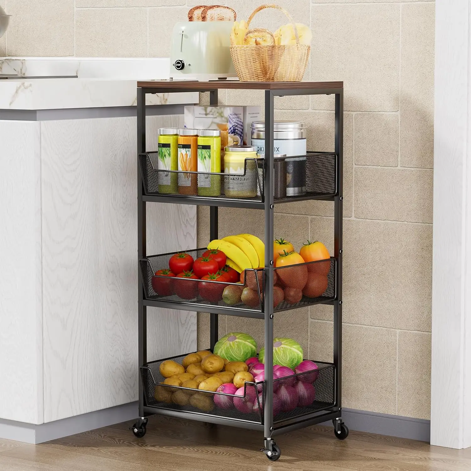 4-Tier Rolling Storage Cart with Wheels Fruit Basket Kitchen Cart, Pantry Utility Kitchen Organizer with Wood Top Snack Cart on Wheels for Fruit Vegetable Produce Snack