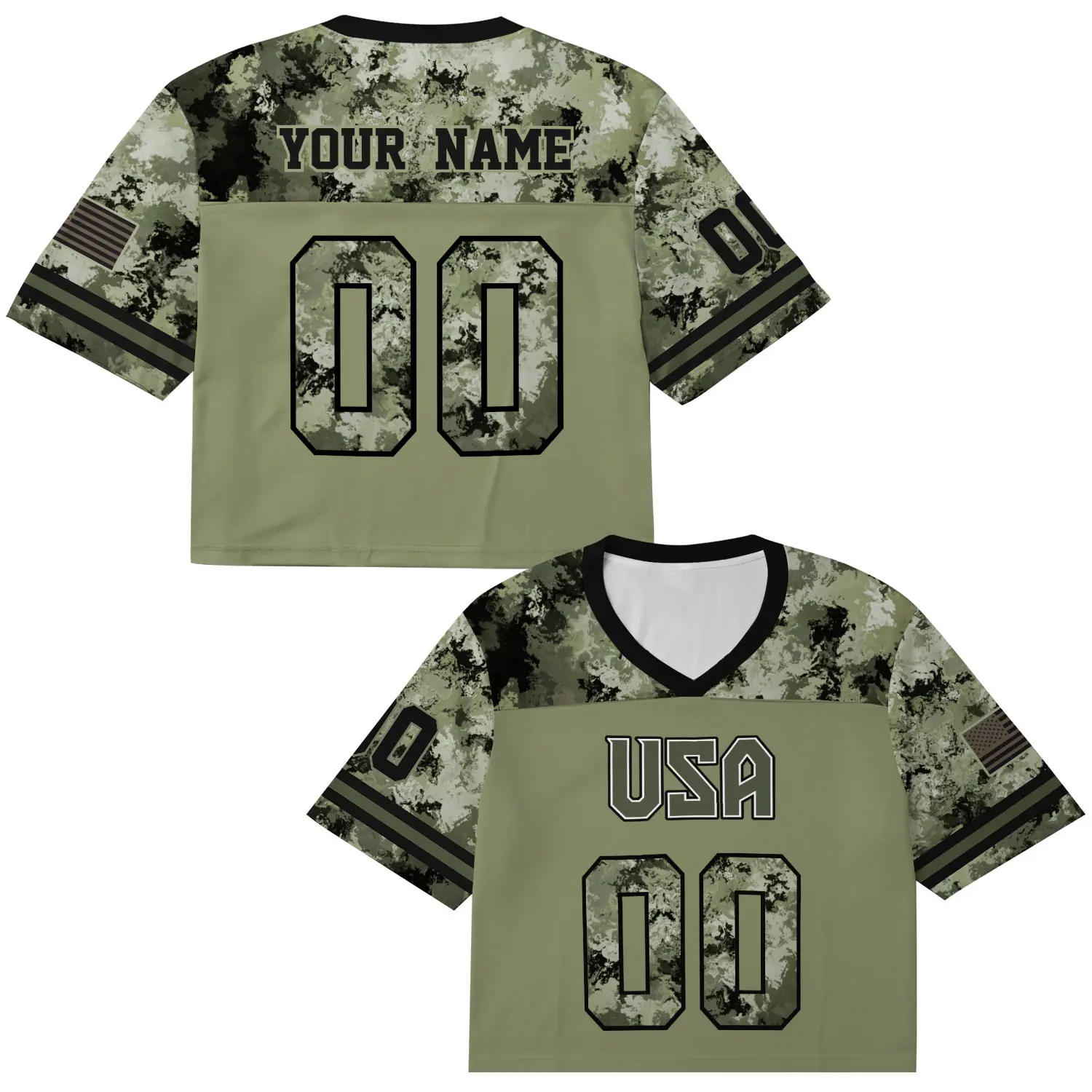 Personalized Military Camouflage USA Football Jersey Crop Top, Custom Name & Number, Button Front Shirt with Flag Patch for Women Fans, American Game Day Football Shirts for Her
