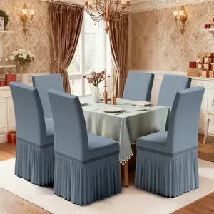 2D Flat polyester skirted dining chair cover, Dining chair slipcover, Chair Covers Set, Pure color, simple design, Dark gray and blue elastic skirted chair cover, Suitable for dining room, hotel, venue, holiday gatherings, Easy to install and washable