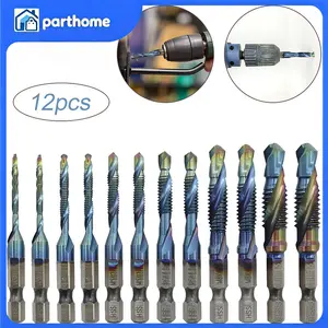 12Pcs HSS Hex Shank Drill Bits Tap M3-M10 Metric SAE Screw Thread Drill Bits Set