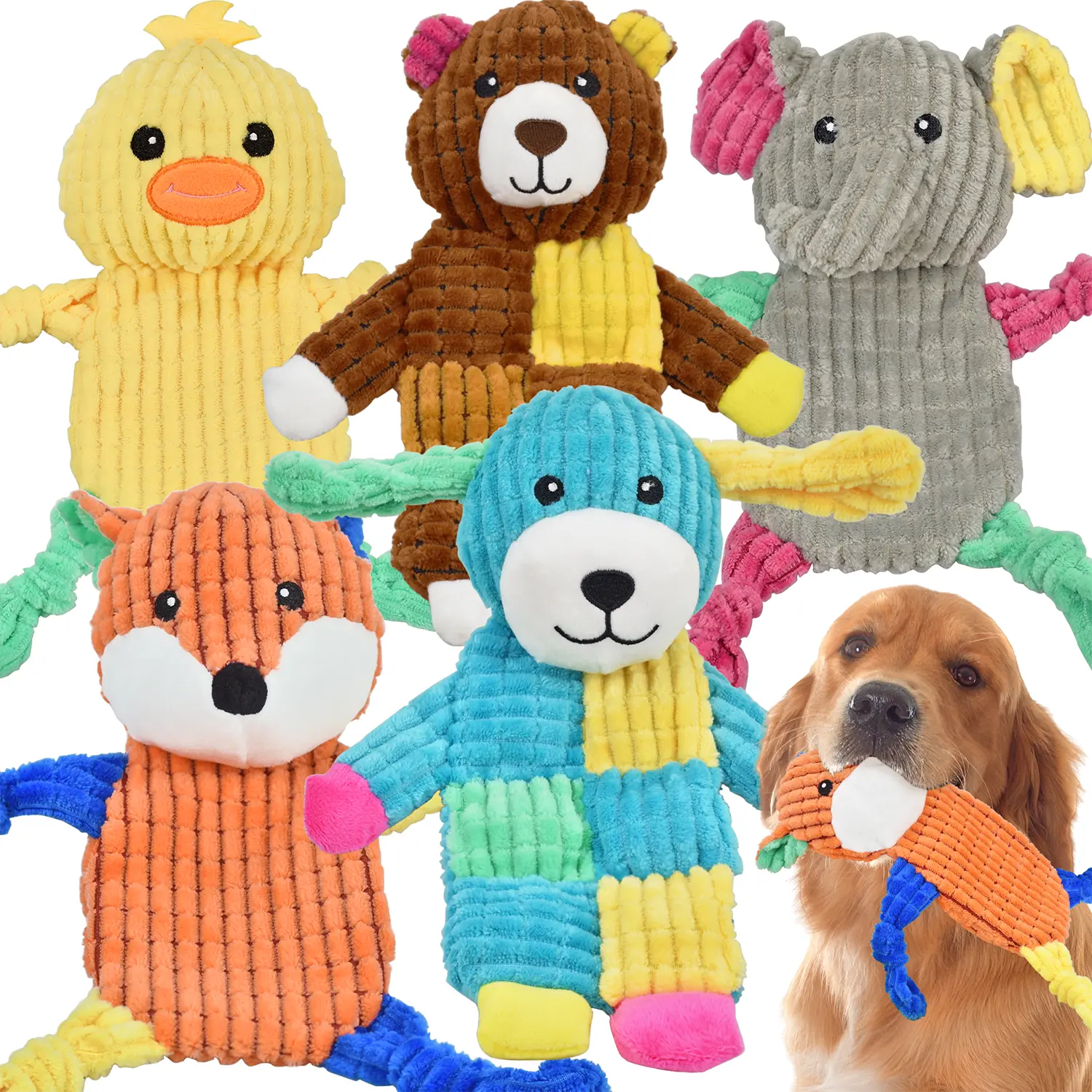 LECHONG 5-Pack Plush Fabric Dog Squeak Toys - Animal Print, Filled PP Cotton, 6 Squeakers, Crinkle Features, Universal Fit for Small-Large Dogs, 30 Days Support, Puppy Enrichment, Gifting Option - Not for Aggressive Chewers