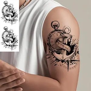 Anchor & Compass Design Aesthetic Temporary Tattoo Sticker, Waterproof Durable Long Lasting Fake Tattoo Sticker, Body Art Sticker for Men & Women, Body Fake Tattoos