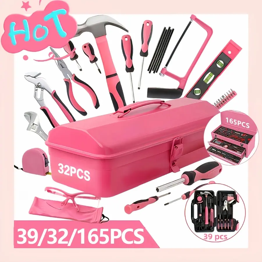 39/32/165pcs Pink Household Tool Set, Sturdy Metal Hand Tool Kit, Classic Barn Style Toolbox, Ladies Durable Metal Hand Tools, Home Repair Kit, The Best Gift for Mother'S Day