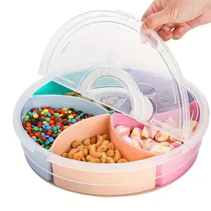 Fruit Snack Serving Tray with Lid - 12.2 Inch Round Container, 5 Colorful Compartment Round Appetizer Platter for Parties, Plastic