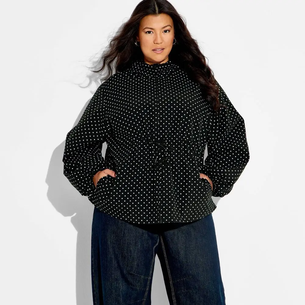 Wild Fable Women's Cinch Waist Long Sleeve Hooded Raincoat Jacket - Black Polka Dots