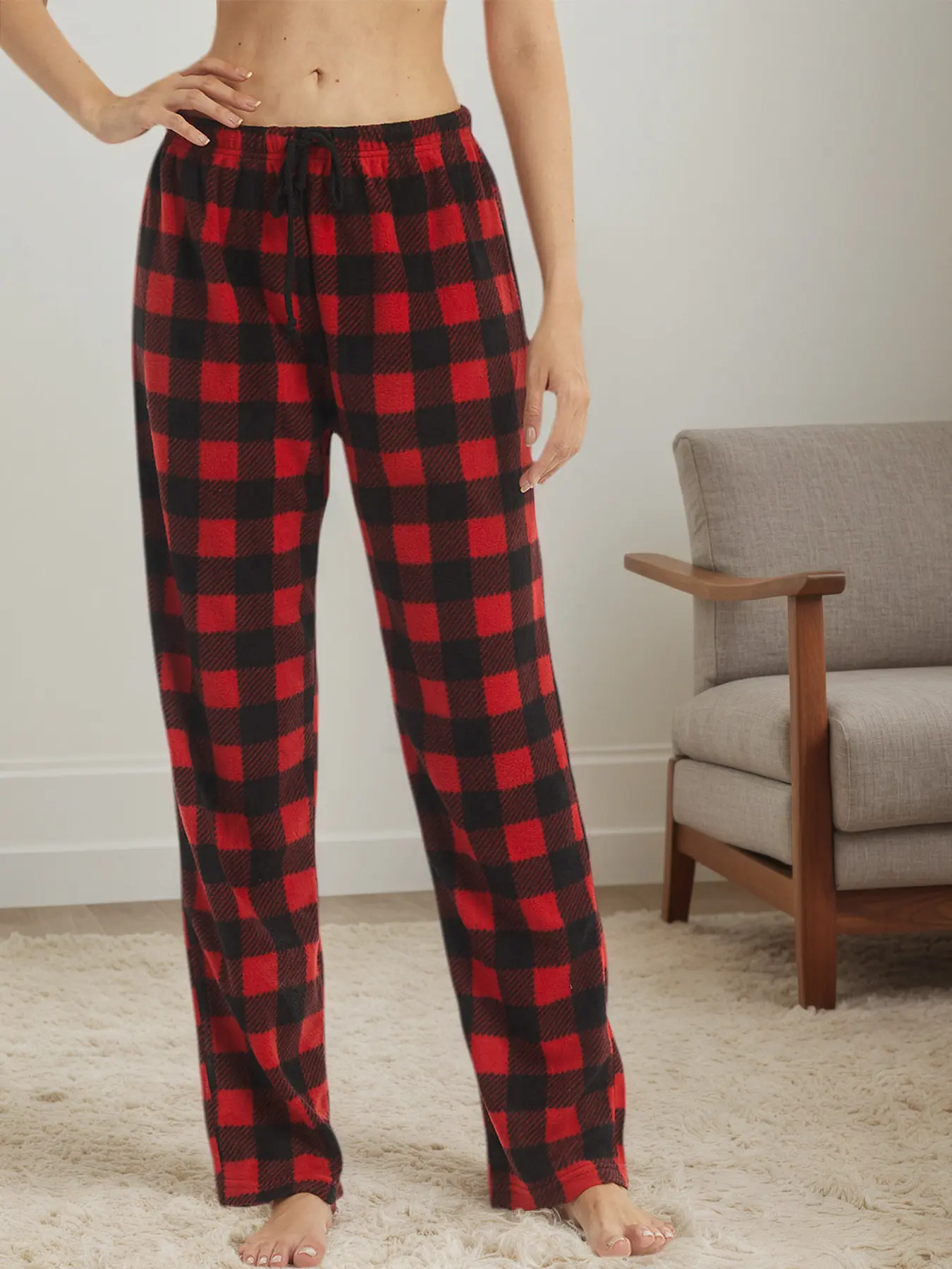 Women's Plaid Loose Straight Leg Pants Bottom, High Waist Checkered Casual Wear, Fitted Winter, All Seasons Suitable