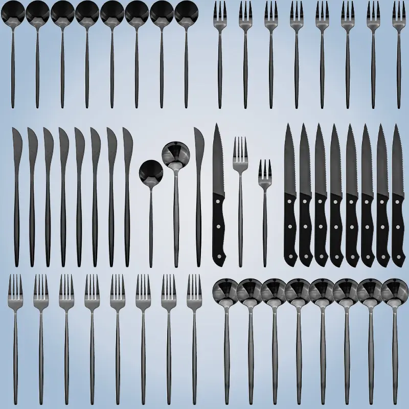 48-piece silverware set (including steak knife), Christmas stainless steel dinnerware set, 8-piece dining set, household kitchen spoons, forks, and knives, minimalist design with mirrored polish, dishwasher-safe (silver/black)
