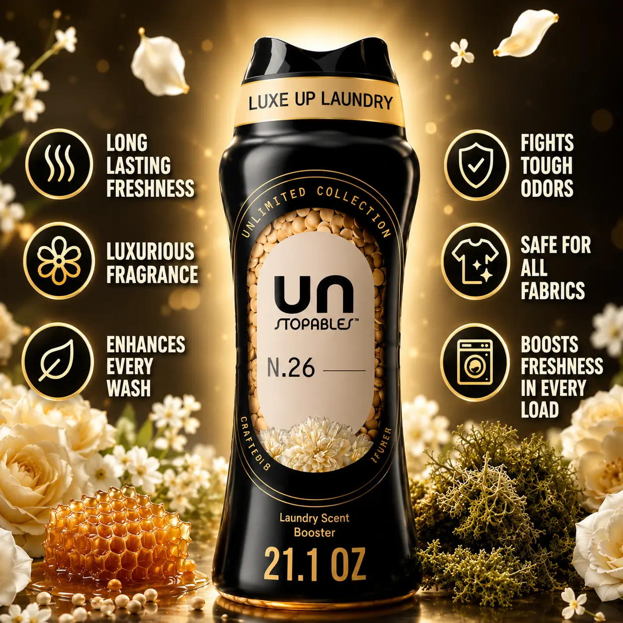 Downy Unstopables Unlimited Collection In-Wash Laundry Fragrance Beads, No. 26 Fine Fragrance with Floral Hint & Honey Touch, Long-Lasting Fresh Scent, 21.1 oz