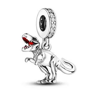 MULA 925 Silver Plated Roaring Tyrannosaurus Rex Charm | Red Enamel and Zircon Dinosaur Beads | Fierce Jurassic Jewelry | Perfect for Pandora Bracelets and Necklaces | Perfect Gift for Dinosaur Lovers