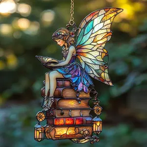 Fairy Reading Books Acrylic Suncatcher, Faux Stained Glass Window Hanging, Fantasy Book Lover Decor