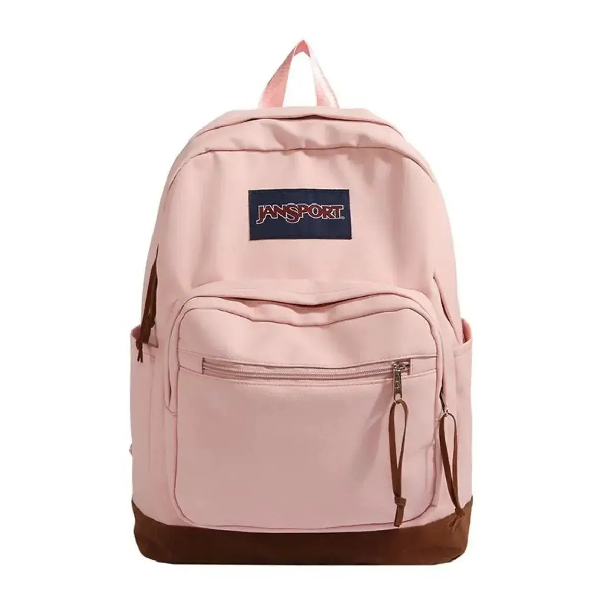JanSport Vintage Light Pink Brown Leather Bottom Backpack Retro Large Capacity Girls School Travel Backpack