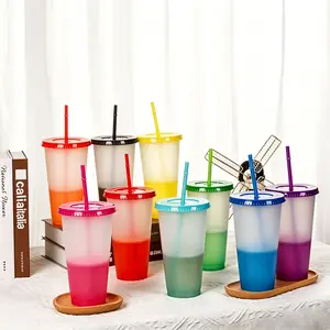Reusable Leak ProofColor Changing Cups 10Pcs 24oz Plastic Tumblers With Lids and Straws for Iced Coffee Smoothie - Reusable Leak Proof Party Cups for Kids
