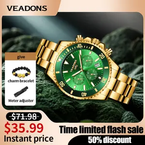 VEADONS Men's Casual Business Round Dial Quartz Watch Green Face Gold Band Party Fashion Daily Wear Trendy Birthday Gift Charm Bracelet Included Wristwatch
