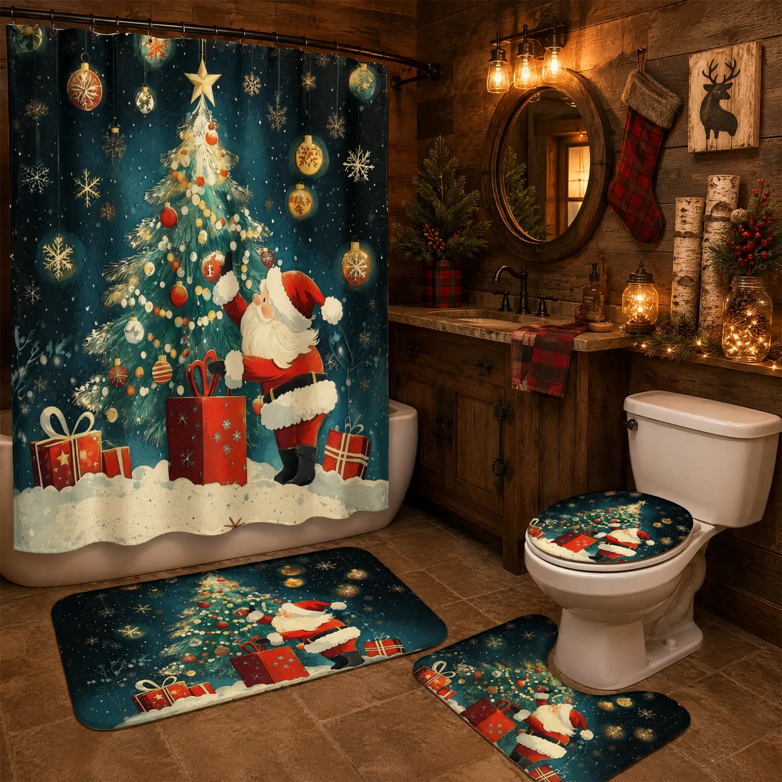 Christmas Santa Claus Christmas Tree Bathroom Set 4Pcs With 12 Shower Hooks Winter Snowflake Shower Curtain Non Slip Absorbent Bath Mat Contour Rug Toilet Lid Cover Complete Holiday Bathroom Decor Kit For Home Apartment Dorm  Party Girly Bathroom Decor