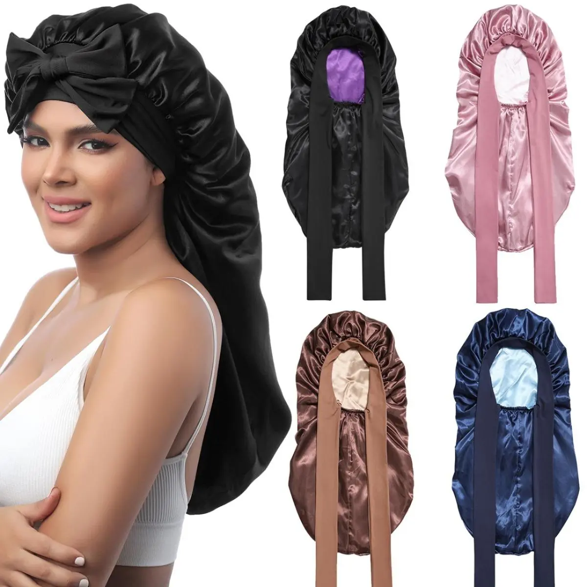 AWAYTR Women's Long Double Layer Adjustable Satin Bonnet - Reversible Silk-Feeling Sleeping Cap with Tie Band, Haircare Heatless Conditioning Bonnet Silk for Curly Hairstyles