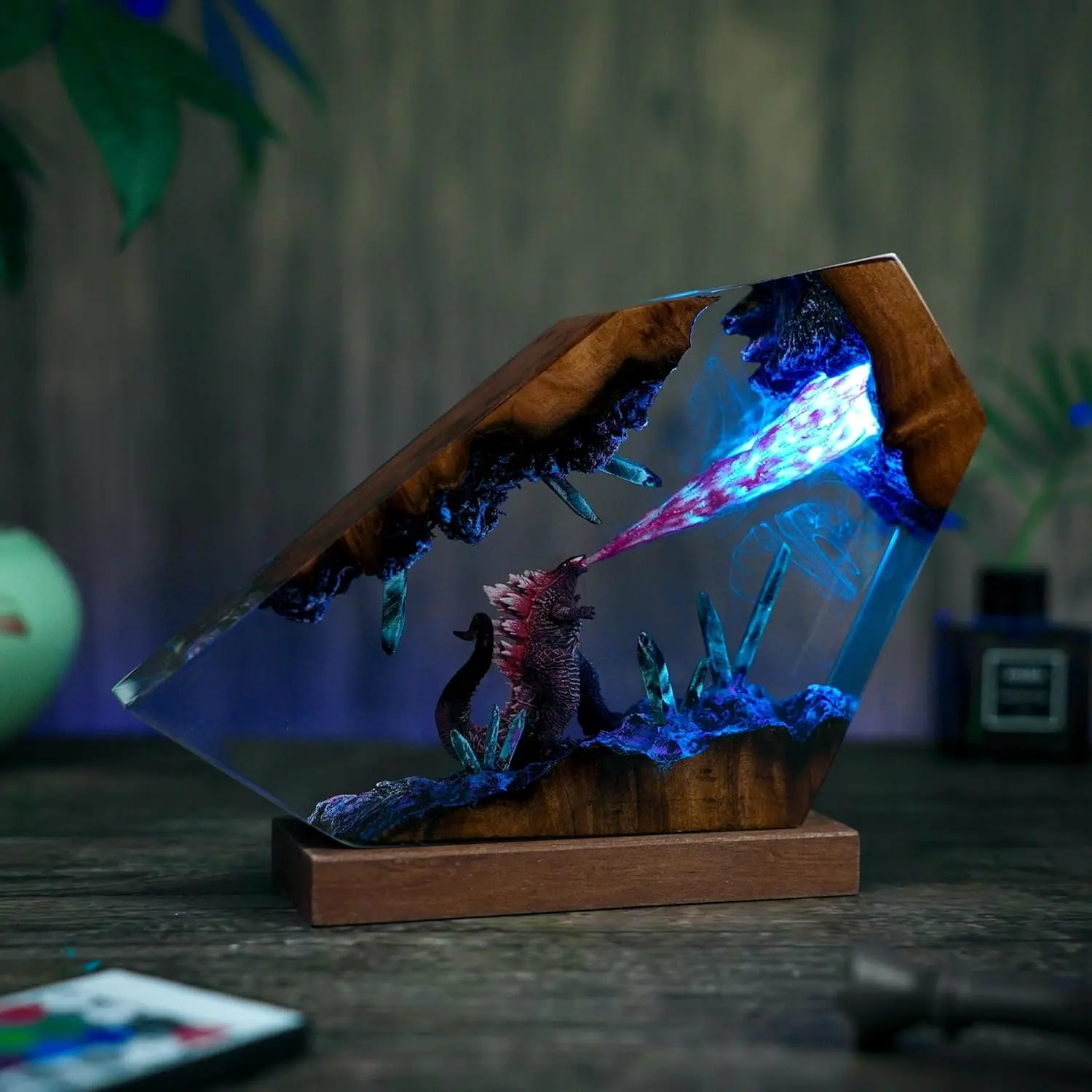 Handmade Godzilla Resin Lamp Atomic Breath Resin LED Lamp 3D Crystal Cave Diorama Glow Desk Night Light with Solid Wood Base, Cool Desktop Decor for Gaming Setup Man Cave, Perfect Birthday Christmas Gift for Men Boyfriend Monster Fans