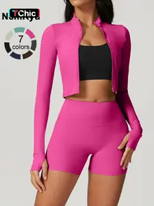 Women's high elastic soft standing neck zipper waist length shaping jacket high waist beautiful buttocks shorts yoga suit set Fitness Outfits Outdoor Running Cycling, Mountaineering Strolling Set Gym Sports Training Fashion Coat Shorts