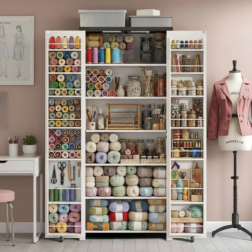 Engineered Wood Freestanding Craft Storage Cabinet with LED Lights - Adjustable Shelves, Sewing Organizer for Storage Organization in Craft Room/Home Office, Engineered Wood Cabinet