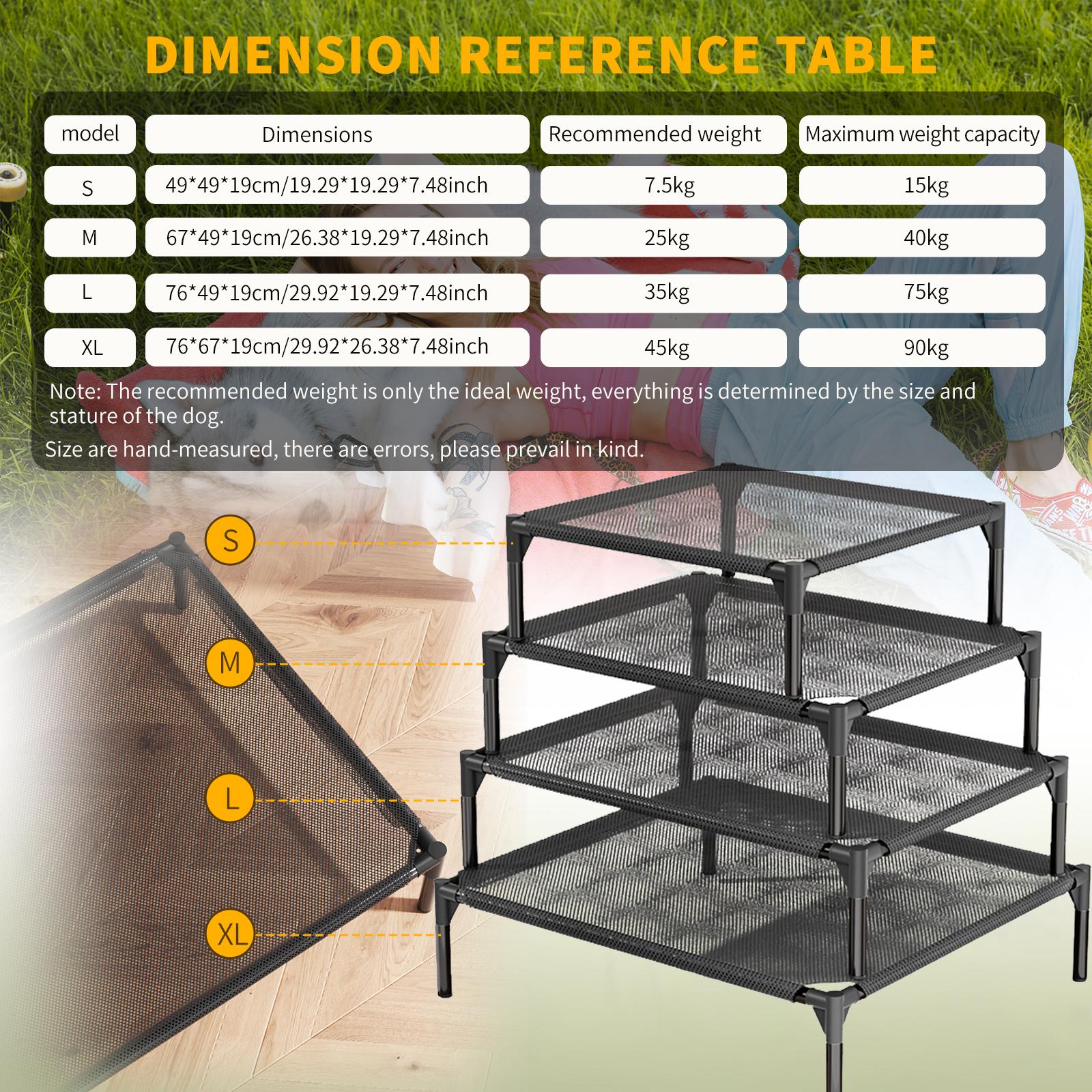 Elevated Raised Dog Cot Bed, Waterproof Breathable Oxford Mesh Off-Ground Pet Bed with Sturdy Steel Frame, Moisture Resistant Indoor Outdoor Camping Cooling Dog Bed, Washable Pet Cot in Black Gray S M L Sizes for Small Medium Large Dogs Cats