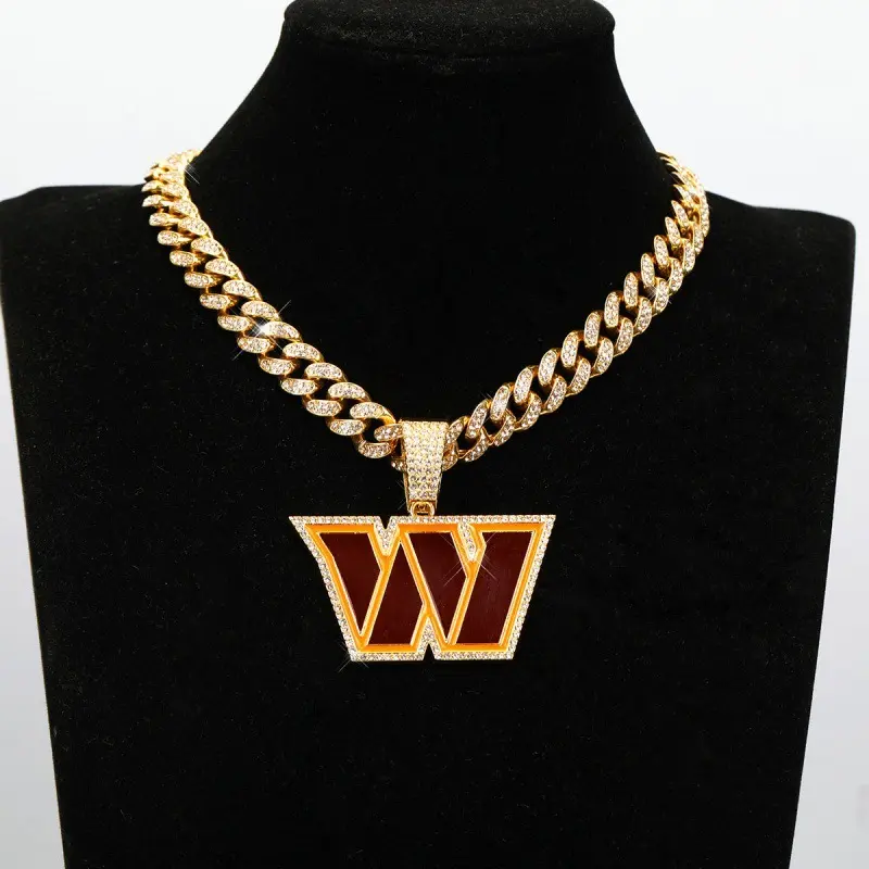 Stylish Personalized Washington W Charm Men's Hip Hop Cuba Chain Initial Letter Necklace Fashionable Jewelry Accessories