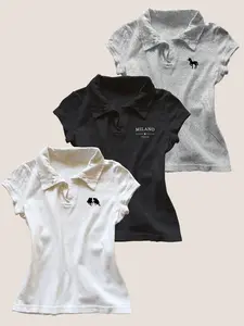 3PC New American 2000 Retro, Y2K Top Trendy, Summer Polo Neck Short, Slim Shoulder Print T-shirt for Women