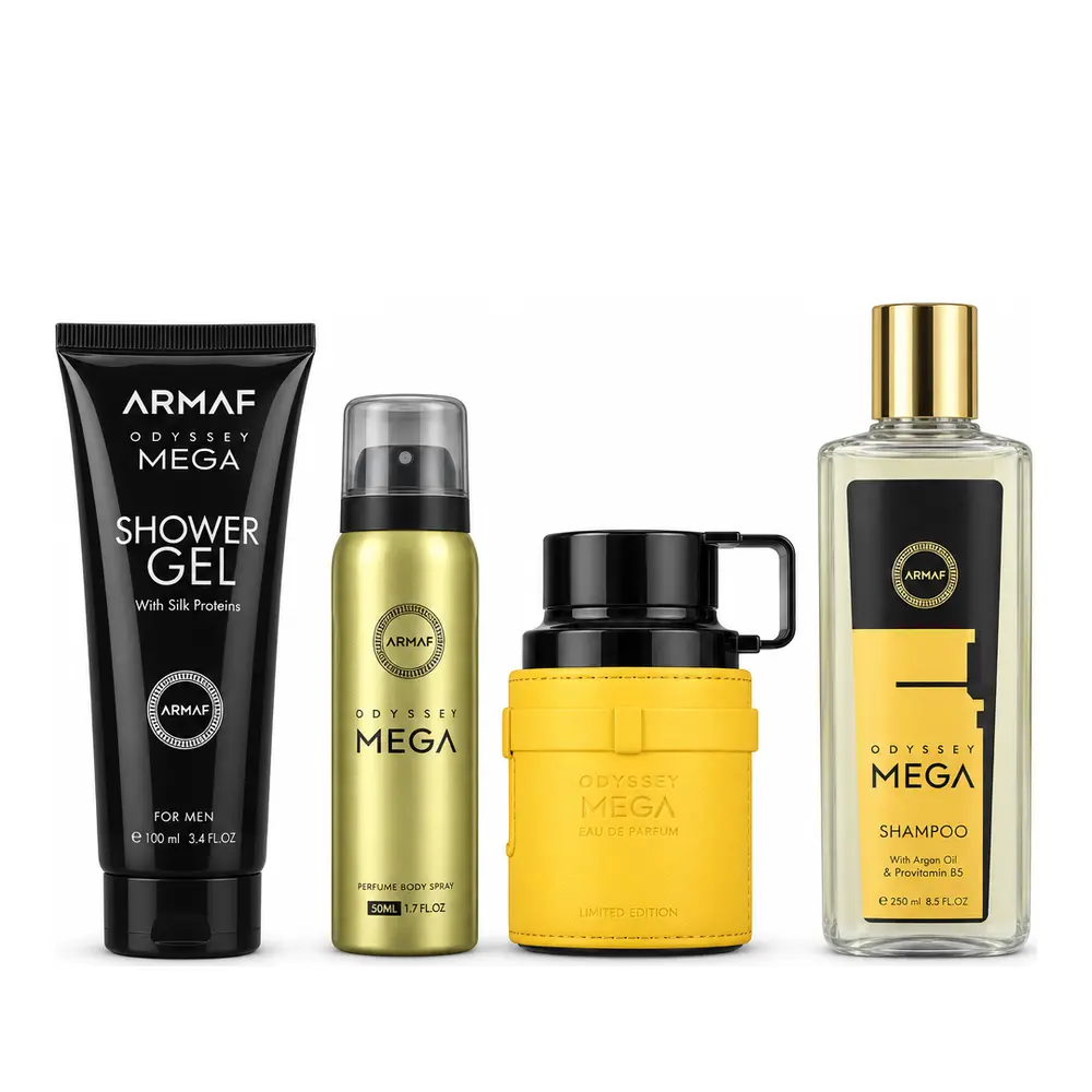 Armaf Odyssey Mega Unisex Fragrance Deluxe Gift Set, 4PC Full Body Kit, 3.4oz EDP Fragrance Discovery Set for Luxury Comprehensive Experience
