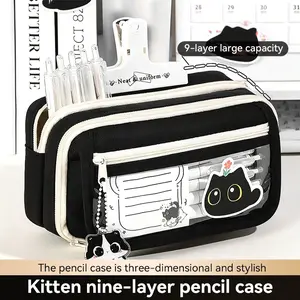 Cat Stationery Gift Set 4-Piece, Nine-Layer Pencil Case + Stickers + Keychain + PP Clip, Large Capacity School Supplies, Pencil Bag