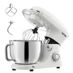 VEVOR Stand Mixer, 6 QT Dough Mixer, 660W 6 + P Speeds Tilt-head Food Mixer with Stainless Steel Bowl, Dough Hook, Wire Whip, Flat Beater, Scraper, Household Stand Mixer for Baking & Mixing, White