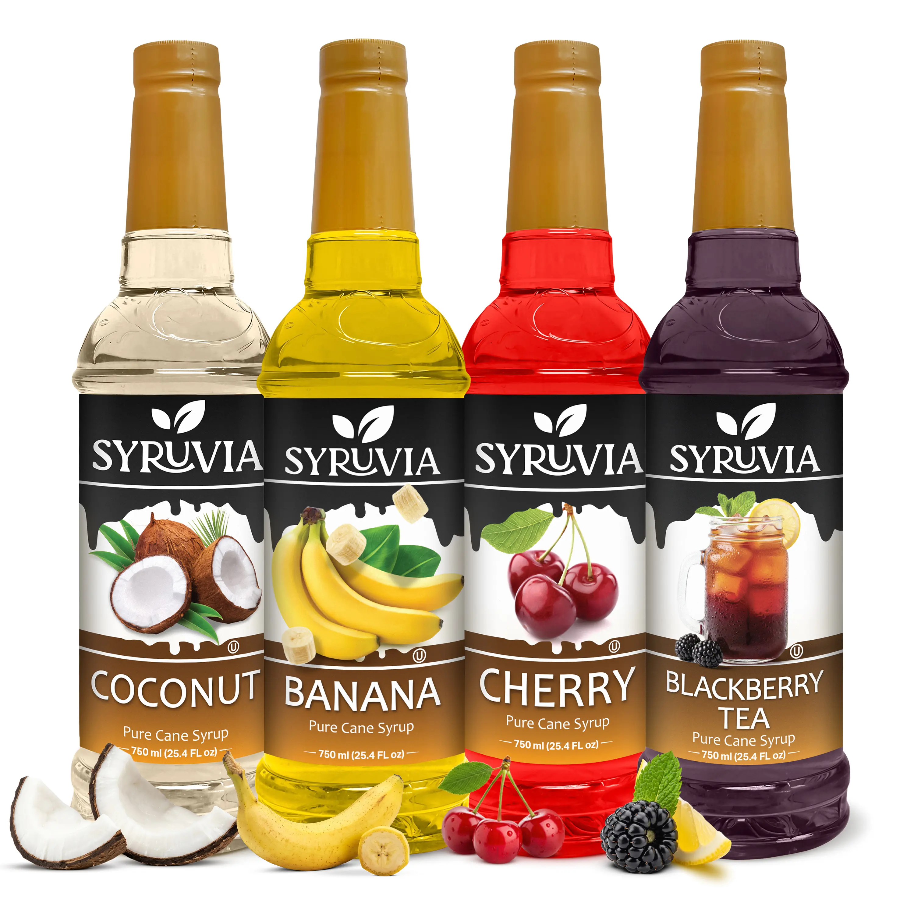 Syruvia Tropical Fruit Syrup Variety Pack – Coconut, Banana, Cherry & Blackberry Tea Syrup – Perfect for Cocktails, Mocktails, Lemonades & More – 25.4 Fl oz (4 Pack)