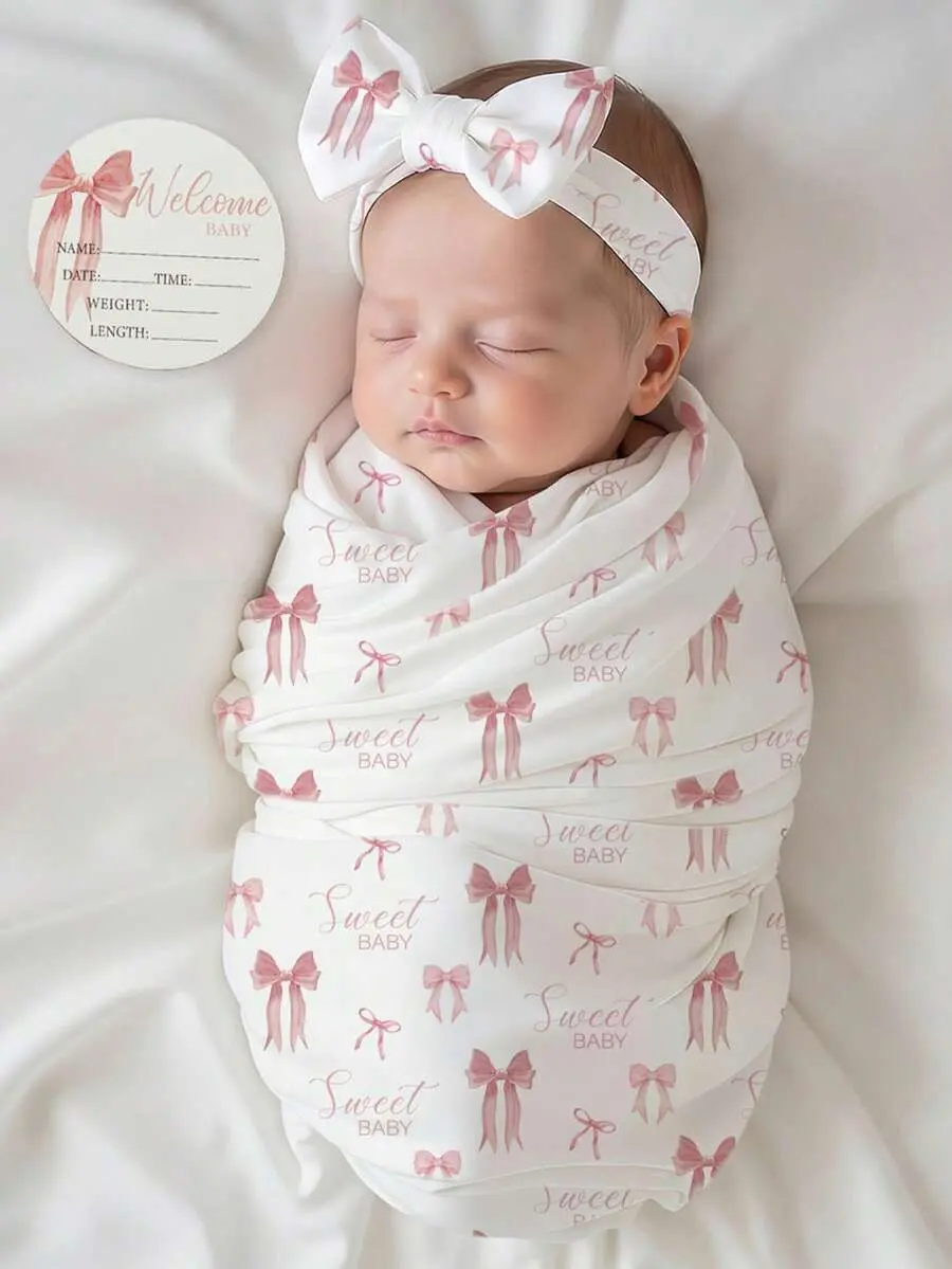 Bumpie x  3Pcs Set White With Black Polka Dots Summer Funny Graphic Baby Shower Newborn Swaddle Wrap Headband With Birth Announcement Name Cards Infant Props