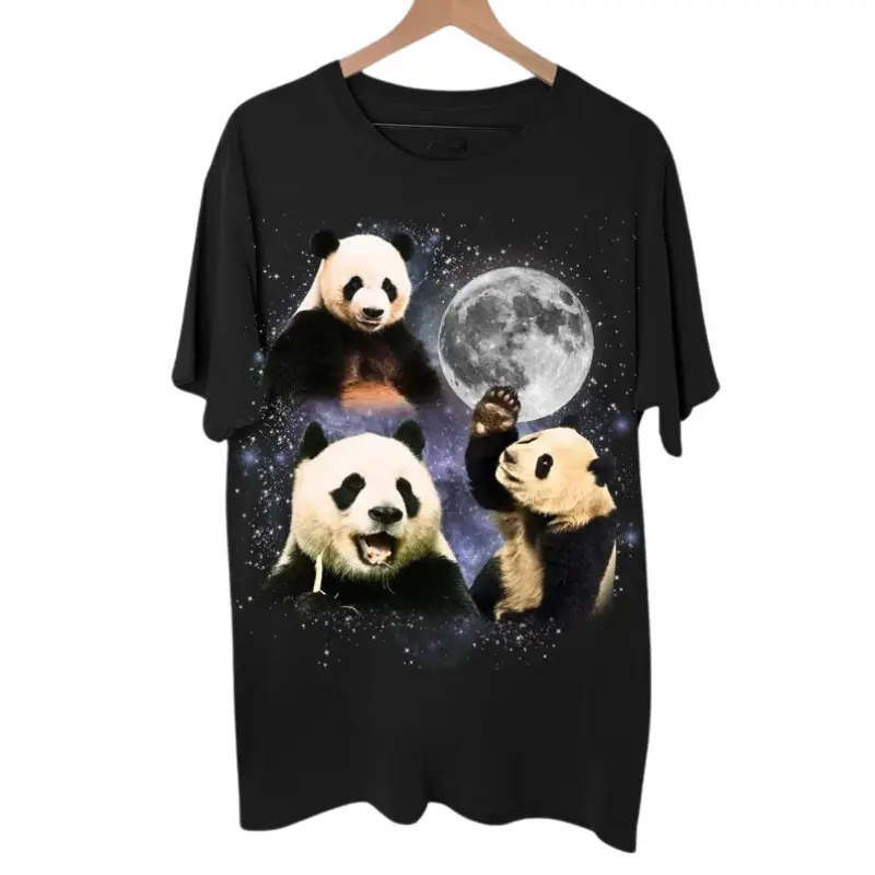 Women's Cotton Short-Sleeve Casual Panda Graphic T-Shirt - Retro Moon Design, Funny Silly Style, Streetwear Top, Gift for Panda Lovers
