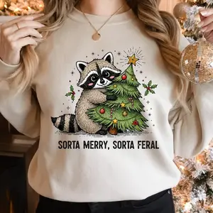 Holafish Women's Merry Feral Raccoon Crewneck Sweatshirt with Cozy Brushed Fleece 55 Cotton 45 Polyester for Women and Men