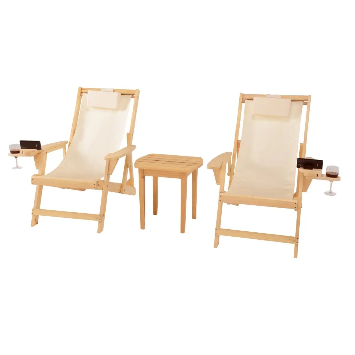 W Unlimited 2117NC-BG-CH2ET Romantic Collection Foldable Canvas Sling Chairs with Interchangeable Cup and Wine Holder, Wood Unisex 1 End Table