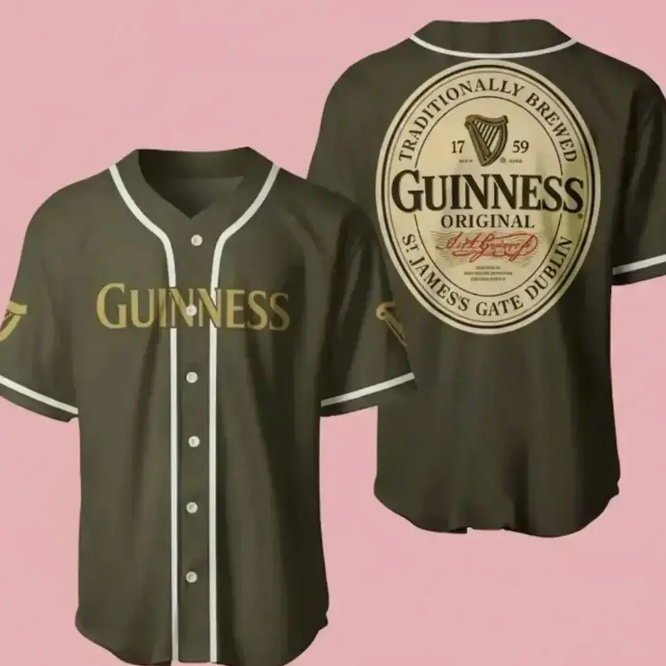 Army Green Guinness Baseball Jersey Men Women Oversized Streetwear Sports Shirt Team Jersey Fan Outfit Unisex Casual Top