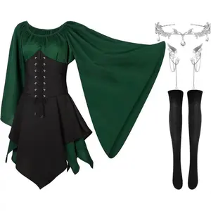 Set of 4 women’s medieval/Renaissance costumes: fairy, Irish, Victorian, and Gothic dresses; vintage cosplay lace-up corset dress skirt clothing; women’s basic wear; green, black, minimalist, traditional styles; plus sizes available.