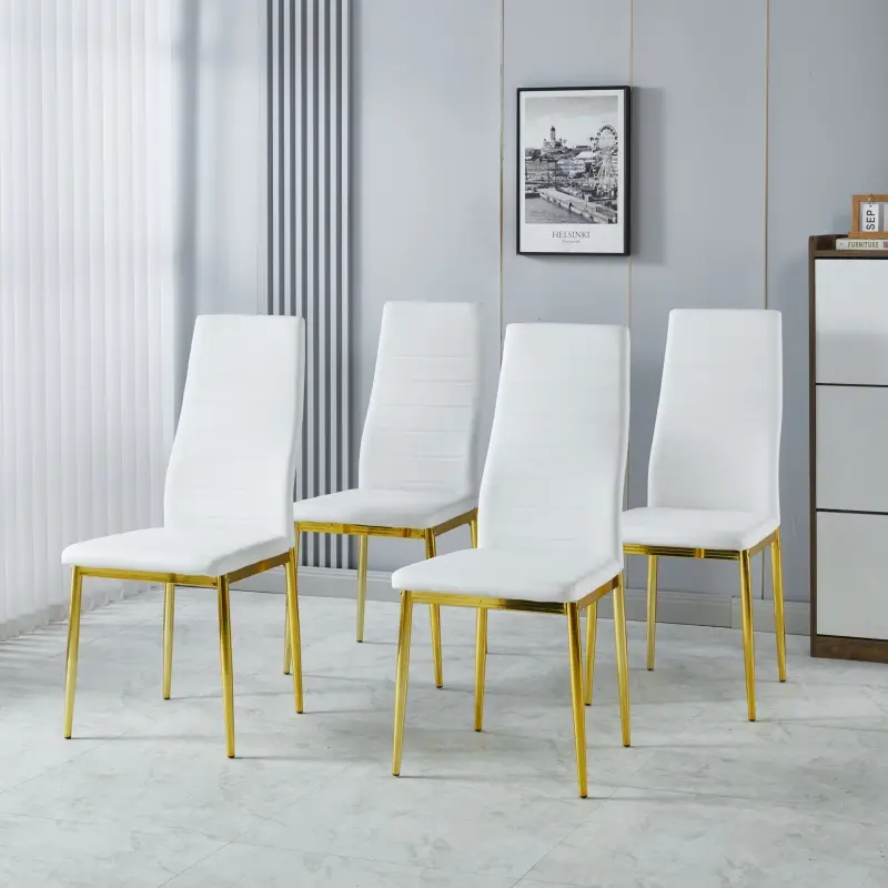 4-Piece Beautiful Indoor Dining Chair Set - White Comfortable Seats, Durable Golden-Leg Interior Furniture Design