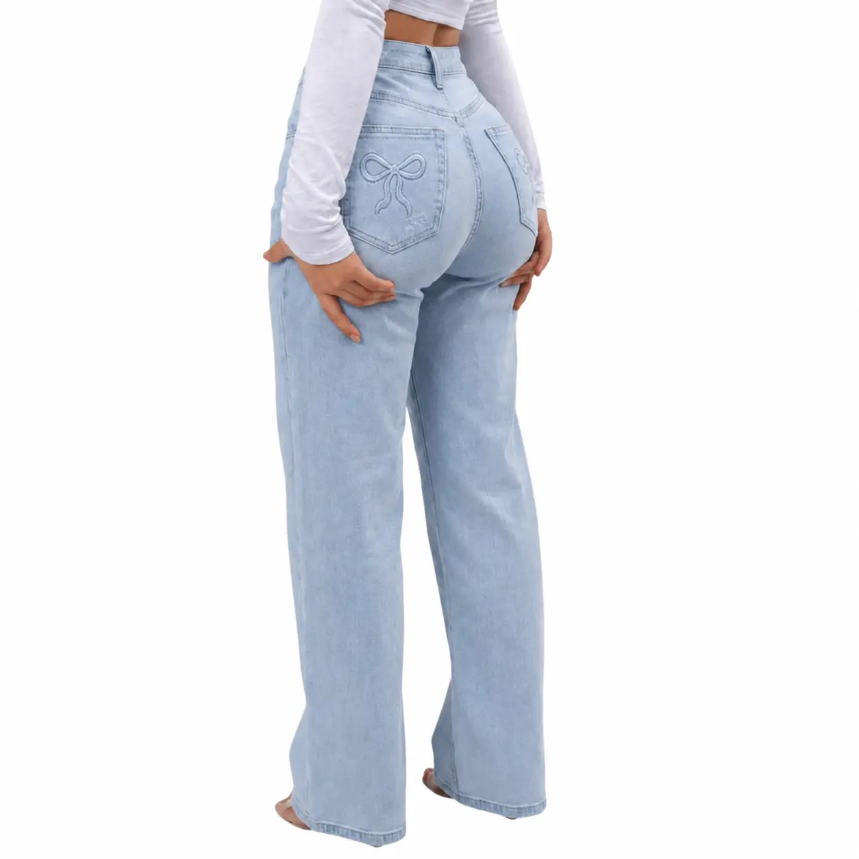 ONESO Magic Stretch Wide Leg Jeans for Women Mid-Low Waist BBL Light Wash Denim Pants with Bow Pocket Detail