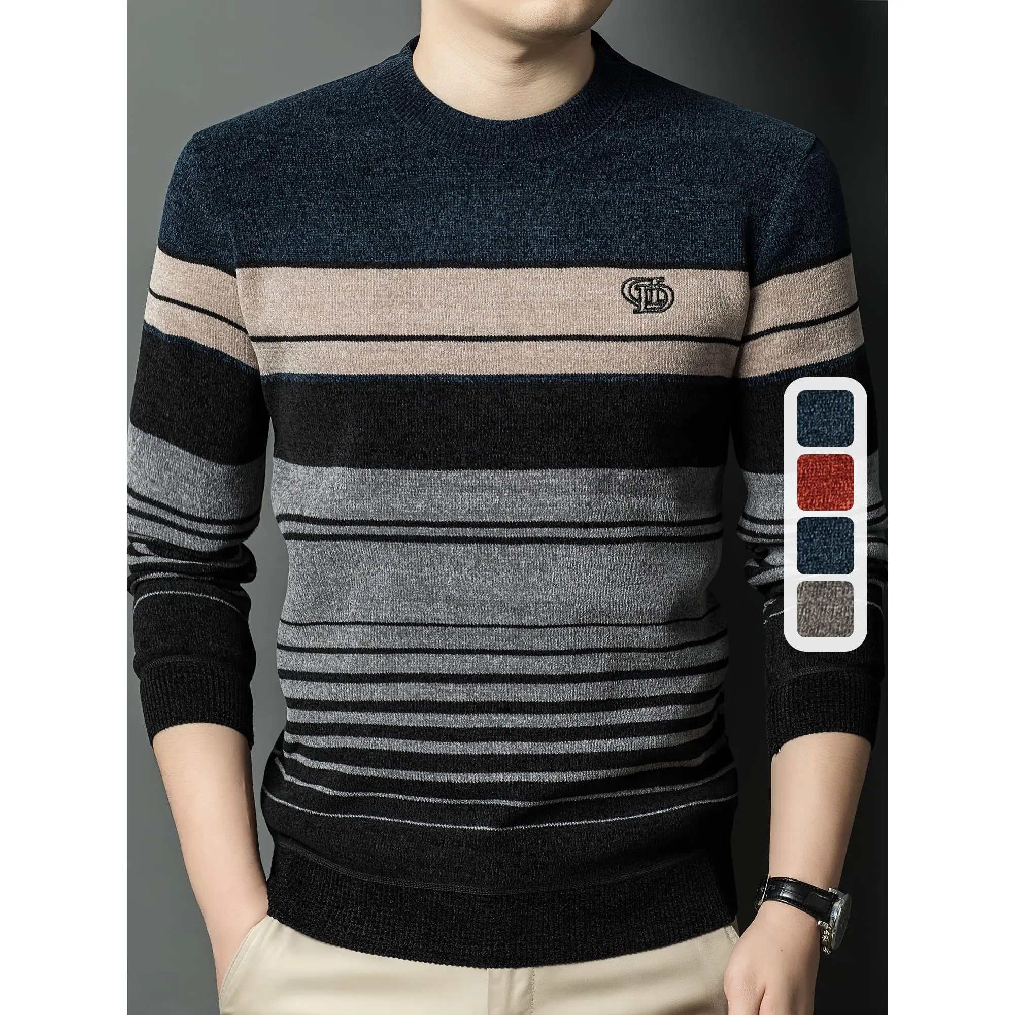 Men's Striped Thermal Fleece-Lined Crew Sweater - Menswear Polyester Casual Long-Sleeve Knit Pullover Tops for Cold Weather, Comfortable