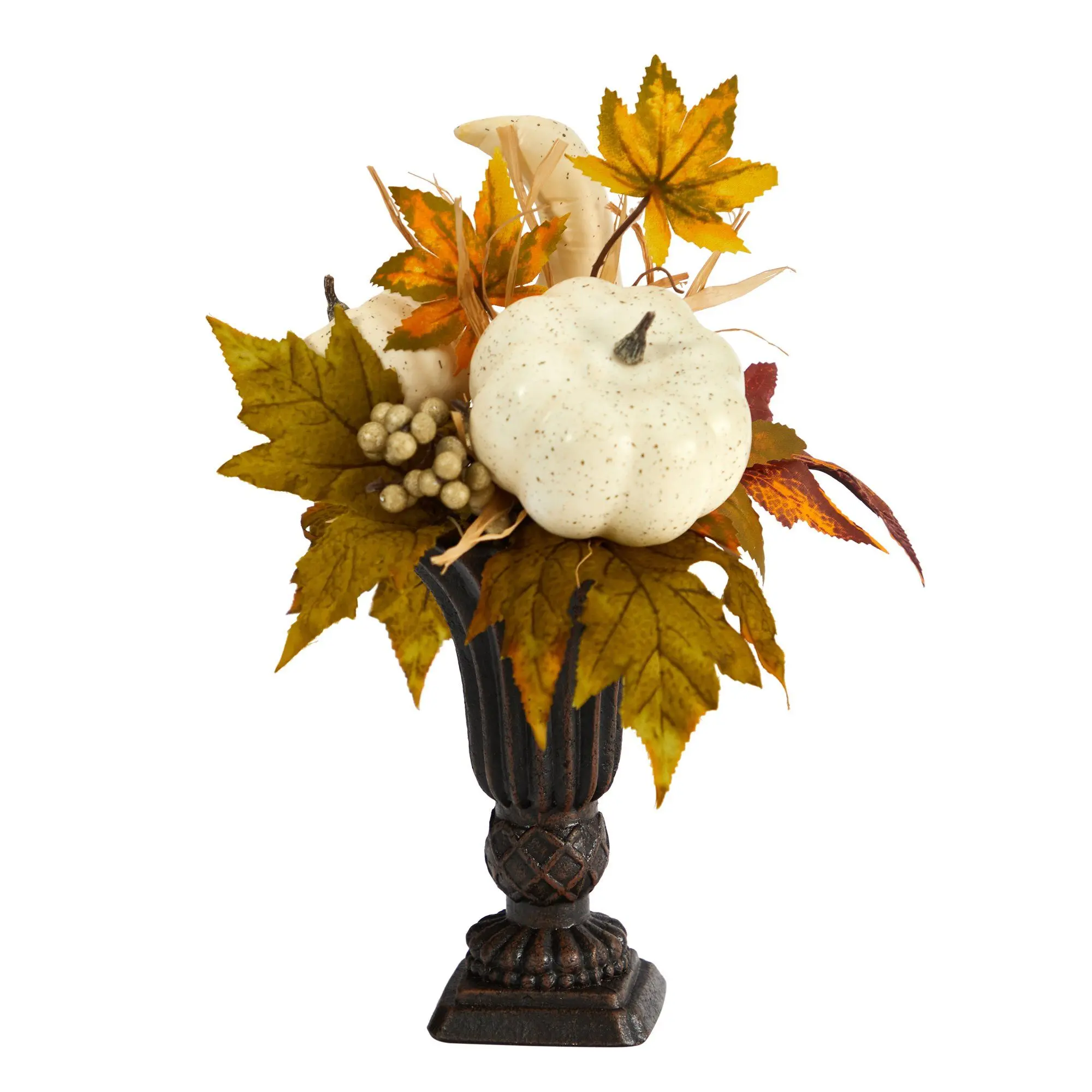 13” Faux-Pumpkin Fall Arrangement with Berries, Flowers in Decorative Urn – Home Decoration for Indoor Thanksgiving Home Supplies, Decorative Floral Centerpiece, Berry