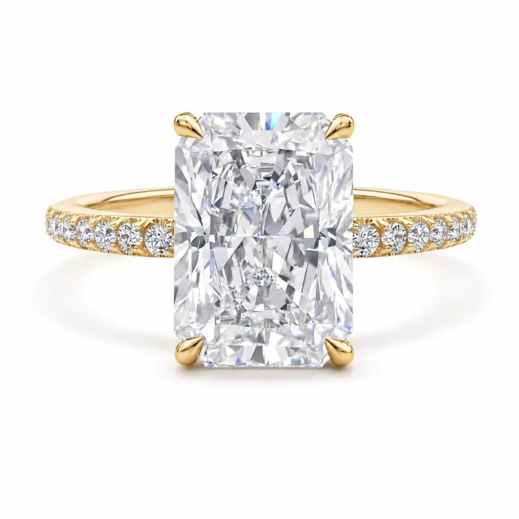14K Gold-Plated Crushed-Ice Faceted Rectangular Center Ring with Straight or Chevron Accent Band Options