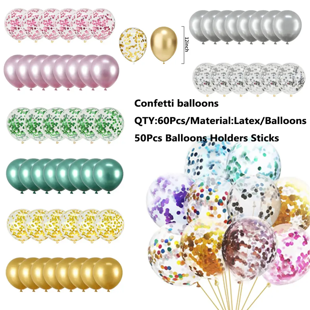 Plastic Confetti Latex Balloon Party Supplies Kit - 60 Pack 12-in Air-Fill Handheld Favors, 50 Confetti Balloon Accessories (Sticks & Cups) for Birthdays, Weddings