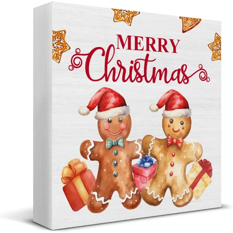 Merry Christmas Wood Sign Decor - Gingerbread Block Plaque Box for Home Kitchen Desk Shelf Table Decorations 5 X 5 Inch