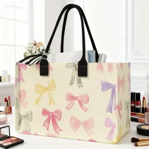 Large Capacity Bow Print Storage Bag, Tote Bag, Fashionable Patterned Bag, Durable Handle, Space Saving Multi-Purpose, Multifunctional Portable Bag, Ideal for School, Travel, Shopping, Travel Essentials