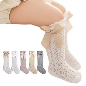 Infant Baby Girls Long Stockings Princess Solid Color Cute Bowknot Socks Spring Summer Thin Mesh Over-The-Knee Socks