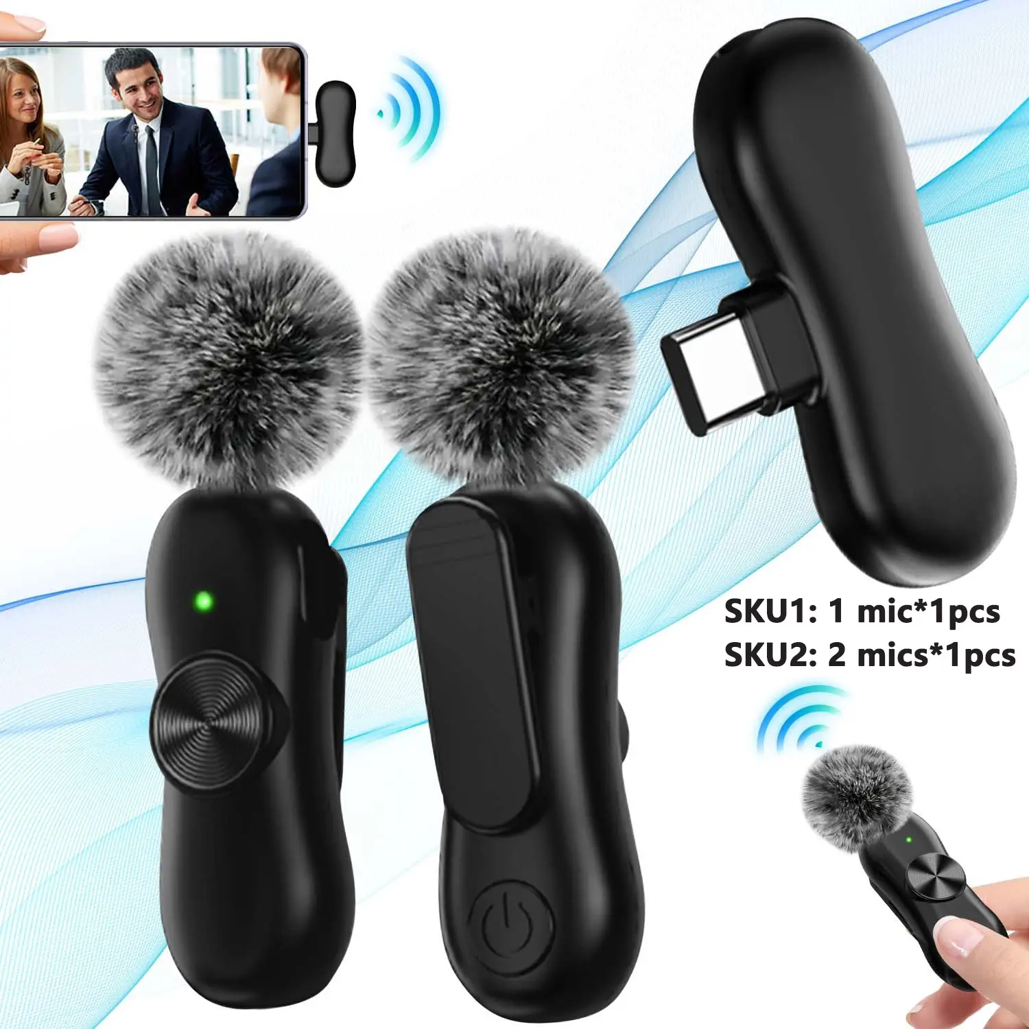 Wireless Mini Microphone Set, 2-Pack Lavalier Bluetooth-compatible Compatible Mics, Noise-Canceling Clip-On Mic for Video Recording, Content Creators